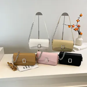 Minimalist rectangular leather shoulder bags with metal buckle in five assorted colors