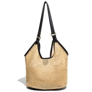 Retro large capacity hollow woven tote bag with black leather straps for women