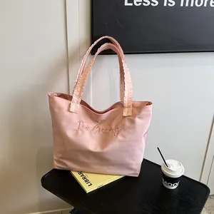 Women Large Satin Tote Bag With Ruffle Handle Letter Embroidery Shoulder Bag For School College Travel Casual Handbag