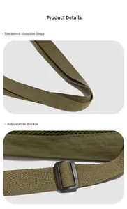Détails des bandoulières épaisses et boucle réglable sur le sac fourre-tout en nylon olive