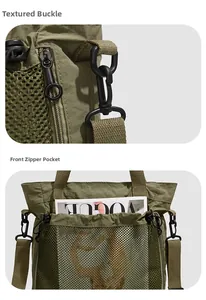 Détail du sac fourre-tout en nylon vert armée avec boucles métalliques et poche filet zippée