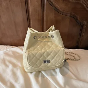 Fashion Quilted PU Leather Chain Backpack For Women Silver Metal Twist Lock Bucket Bag Casual Street Travel Daypack