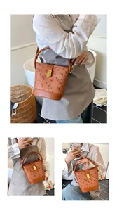 Détails du sac seau marron avec imprimés oursons et accents métalliques dorés chic