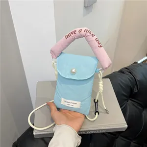 Women Mini Quilted Crossbody Phone Bag Pearl Decoration Small Canvas Messenger Shoulder Bag Portable Handbag For Daily