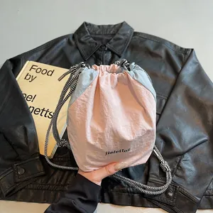 Borsa a Secchiello con Coulisse a Blocchi di Colore Donna Nylon Tela Borsa a Tracolla Casual Leggera Tote Viaggio Quotidiano