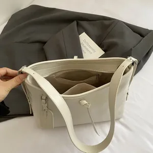 Minimalist cream white large capacity tote bag with internal zipper pocket for women