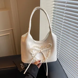 Borsa Tote da Donna Dolce Cuore Pizzo Fiocco in Pelle PU Borsa a Spalla Grande Capacità Hobo Borsa Sottobraccio Moda Coreana Ragazze