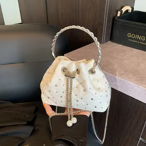 Women Quilted Bucket Bag Fashion Rhinestone Diamond Lattice Crossbody Bag With Round Handle Metal Chain Artificial Pearl Drawstring Handbag