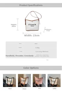 Detail view showing color options and size dimensions of the canvas tote bucket bag