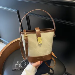 Borsa a Secchiello da Donna Retrò a Contrasto in Pelle PU Denim Giuntata Con Tracolla Regolabile Chiusura a Girello Borsa a Tracolla