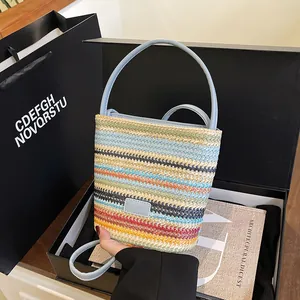 Borsa a Secchiello in Paglia Intrecciata Estiva da Donna a Righe a Contrasto Borsa da Spiaggia Piccola Borsa a Tracolla Con Etichetta in Pelle