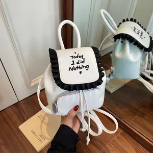 Sac à Dos Mini en Cuir PU Style Coréen Mode Pour Femme Fille Broderie de Lettres Bordure à Volants Petit Sac École Décontracté