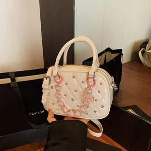 Fashion Women Quilted PU Leather Bowling Bag With Bead Chain Rhinestone Shoulder Crossbody Handbag For Daily Outing