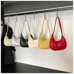 Detailed display of crescent underarm bags in six colors with litchi grain leather texture