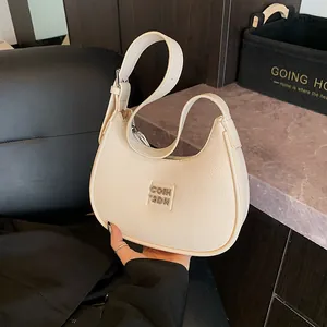 Women Minimalist PU Leather Underarm Bag Lychee Texture Half Moon Shoulder Bag Solid Color Fashion Korean Handbag Zip Closure