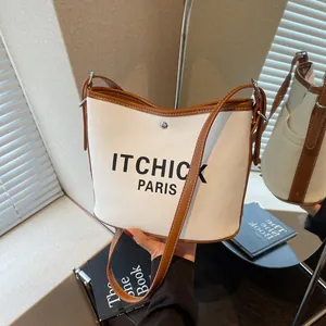 Women Casual Canvas Bucket Bag Contrast Leather Trim Letter Print ITCHICK PARIS Shoulder Bag Fashion Large Tote Handbag