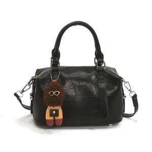 Retro black crocodile embossed bowling bag with top handles and cute doll charm
