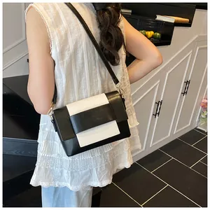 Dettaglio della borsa a tracolla minimalista in pelle bicolore con fibbie in metallo dorato