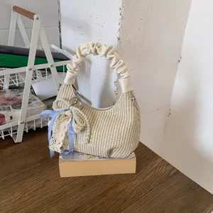 Borsa a Nuvola Intrecciata Coreana da Donna Manico Arricciato Perla Pizzo Fiocco Decor Pelle PU Borsa a Spalla Tracolla Estate Vacanza