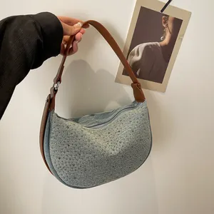 Borsa Sottobraccio in Denim Vintage da Donna Orecchini Hobo con Strass e Rivetti Motivo a Rombi Casual Fashion Blu
