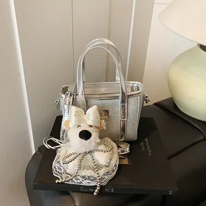 Women Silver Sequin Tote Handbag Metallic Wave Pattern Crossbody Shoulder Bag With Plush Puppy Pendant Fashion Korean Style Bag