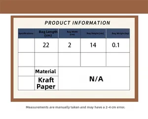 Tabella taglie con dimensioni 22x2x14cm e dettagli del materiale per la borsa in carta kraft