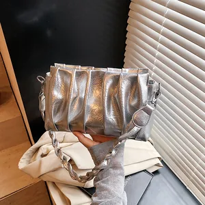 Women Chic Ruched Cloud Bag Glossy PU Pleated Shoulder Bag With Braided Strap Metal Chain Korean Fashion Crossbody Handbag