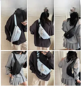 Collage of black and light blue nylon chest bags worn in multiple casual styles
