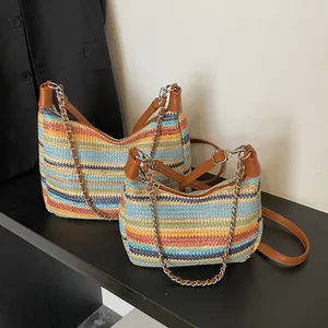 Women Rainbow Striped Straw Woven Tote Bag With PU Leather Trim Chain Shoulder Strap Bohemian Summer Beach Vacation Bag
