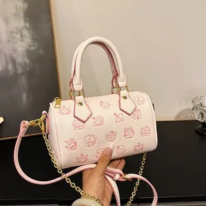 Sac Boston Femme en Cuir PU Style Coréen Imprimé Zodiac Dessin Animé Sac à Main Bandoulière Avec Chaîne Mini Sac Oreiller