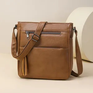 Borsa a Tracolla da Donna in Pelle PU Retro Multi Zip Quadrata Verticale Con Nappina Cuciture Tonalità Borsa Quotidiana