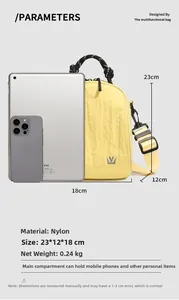 Detailed size view of yellow nylon crossbody bag next to an iPad for scale comparison