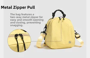 Detail of smooth two-way metal zippers on a yellow pleated nylon mini backpack
