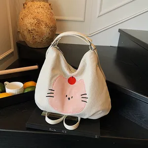 Women Large Capacity Corduroy Gingham Tote Bag Cute Cartoon Cat Embroidery Shoulder Crossbody Bag Casual Japanese Style