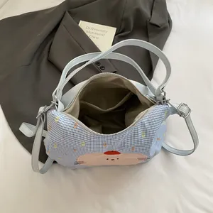 Cute light blue checkered canvas tote bag with cartoon embroidery and adjustable strap