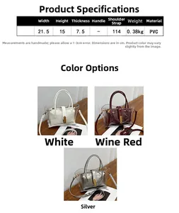 Detailed size chart of transparent PVC tote bag with color options and dimensions