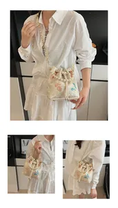 Detail of Chinese style bucket bag with floral embroidery and pearl handle