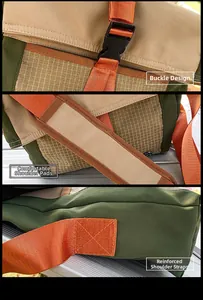 Detail view of durable nylon messenger bag showing buckle and reinforced strap stitching