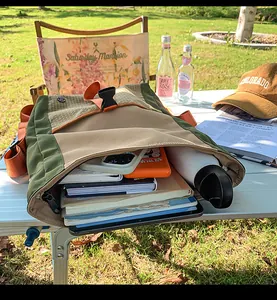 Large casual crossbody bag showing inner storage capacity with iPad and outdoor gear