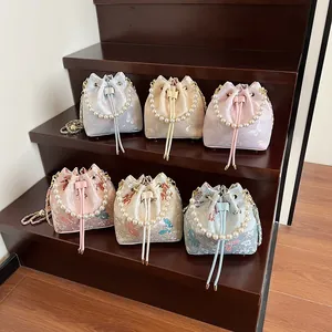 New Chinese style satin bucket bag with pearl handle and floral butterfly embroidery