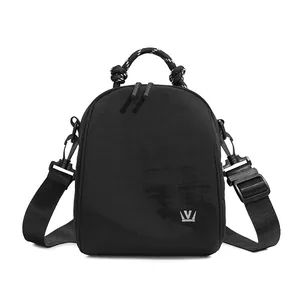 Mini black shell backpack with woven handle and silver crown logo for women's daily use