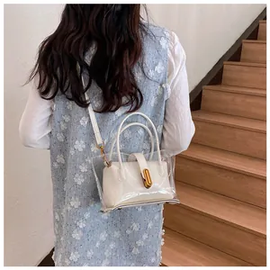 Close-up of white leather inner pouch with gold buckle inside a clear PVC tote bag
