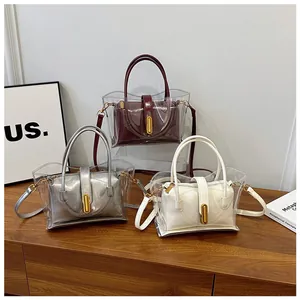 Fashionable transparent PVC tote bag set with inner leather pouch in three colors