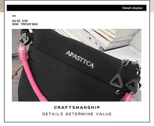 Dettaglio della borsa a tracolla in nylon nero con cordino rosa e zip triangolare