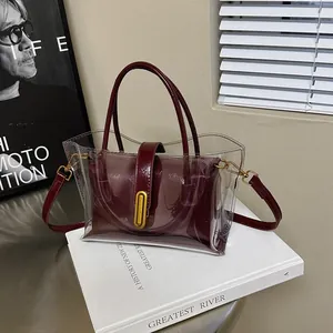 Fashion Women Transparent PVC Tote Bag Trendy Jelly Beach Bag With Synthetic Leather Inner Pouch Gold Lock Handbag