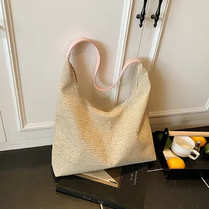 Borsa a Tracolla Hobo da Donna Grande Capacità in PU Effetto Intrecciato Con Ricamo a Lettera per Vacanze Spiaggia Estate