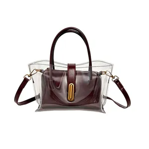 Fashion transparent PVC tote bag with burgundy leather inner pouch and gold hardware