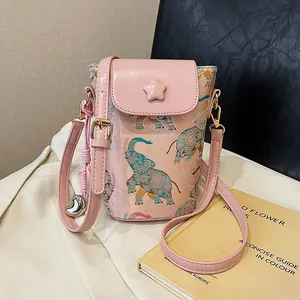 Women Fashion Mini Mobile Phone Bag PU Leather Elephant Butterfly Print Shoulder Bag With Star Buckle Pendant Daily