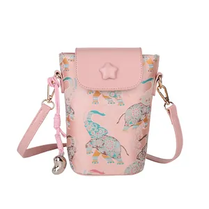 Pink crossbody phone bag with ethnic elephant pattern and star detail on front flap