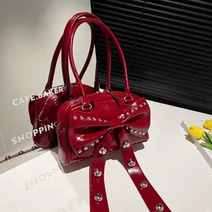 Dames PU Leer Strik Klinknagels Okseltas Y2K Streetwear Handtas Rits Schoudertas Voor Meisjes Mode Dagelijks Feest Accessoires